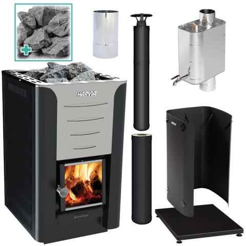 Harvia Pro 20 Deluxe Wood Burning Stove Kit BK Harvia Pro 20, Chimney Kit, Protective bedding, Shealth, Water Heater, Smoke Pipe, Stones